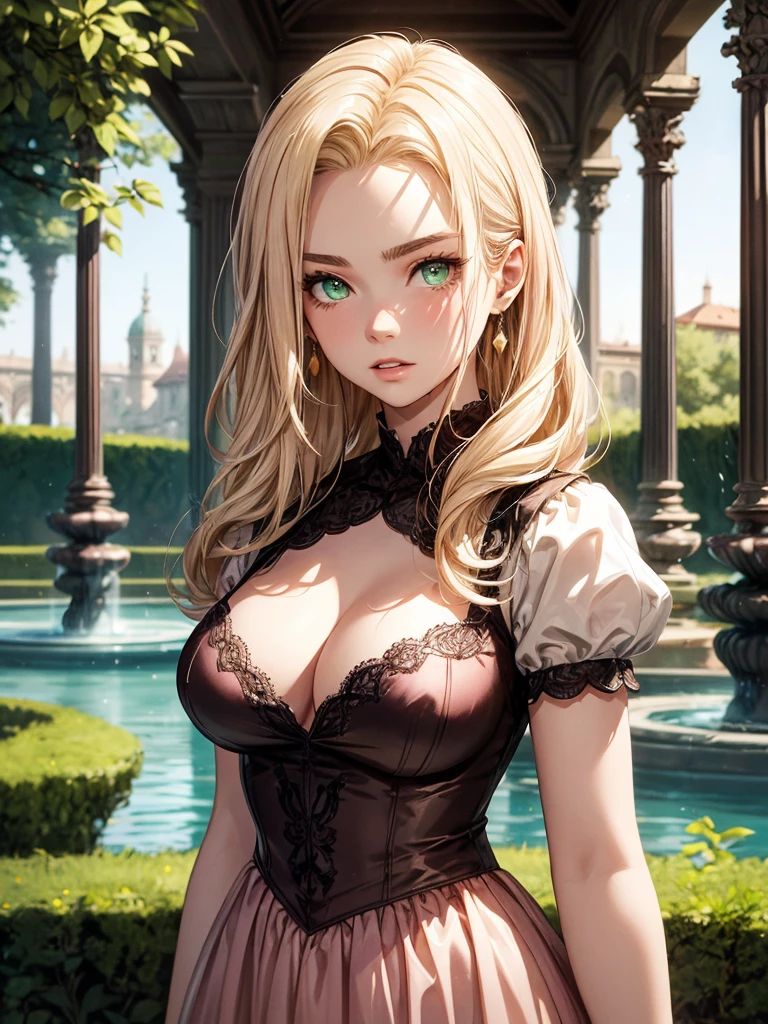 Fantasy, Palace Gardens, Fountains, German appearance, rapunzel, Girl 23 years old, with long golden hair, in a light pink 16th century princess dress., Green eyes, expressive breasts, face looks like Florence Pugh. HD
sultry look, seductive,