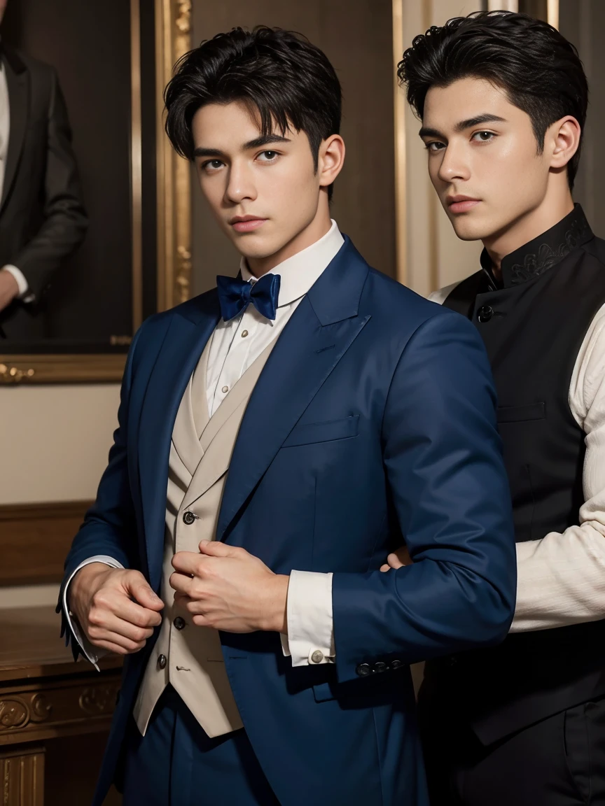 ((masterpiece)),((best quality)),8K,high detail,Very detailed, Very manly，3 men, like，fashion pose, Realistic skin texture, Light,
Royal blue style couple，Perfect hand details