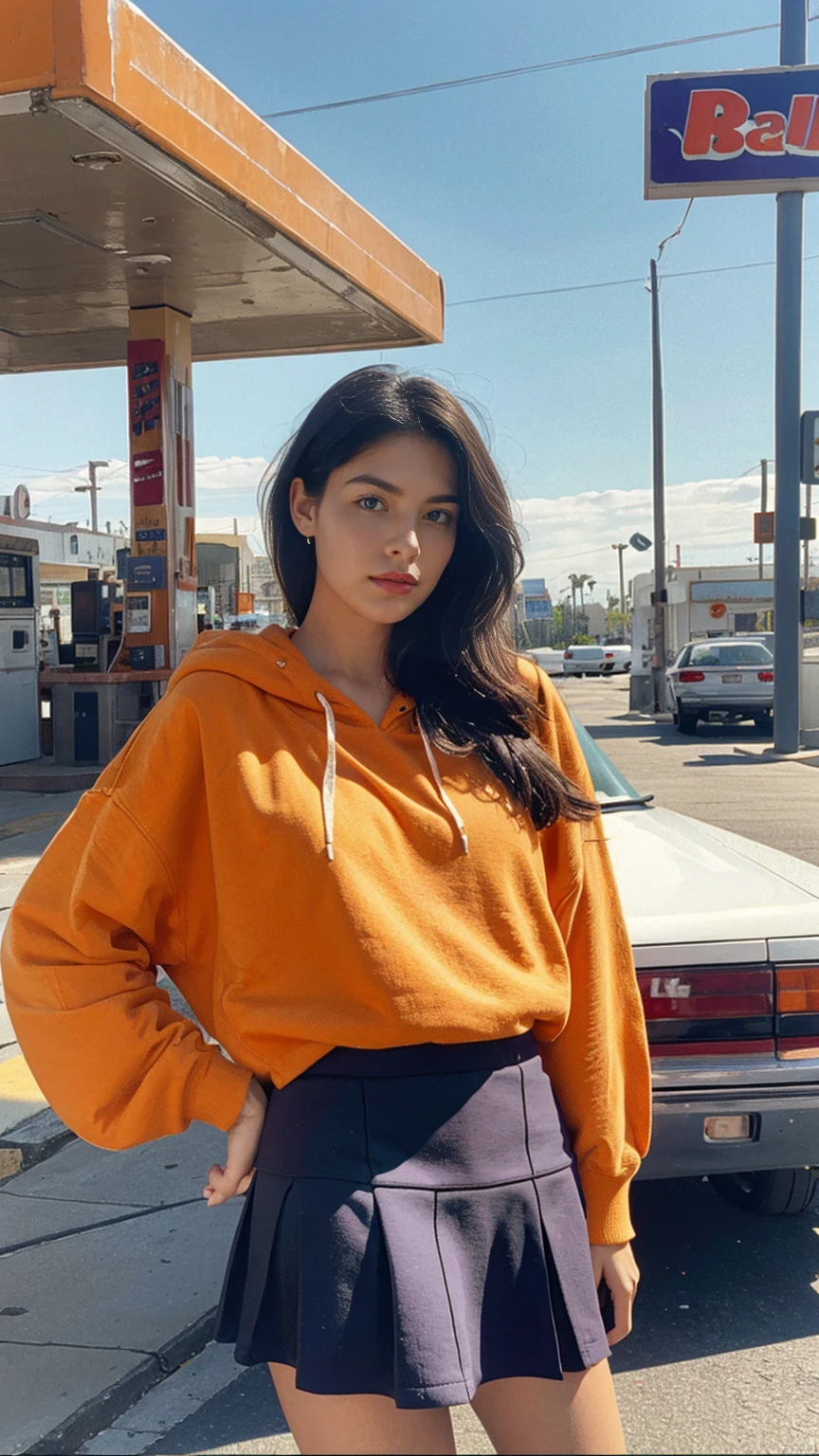 (medium shot portrait) one of cute 23 yo girl ,wear ((orange color oversized_hoodie)), wear ((purple tennis skirt)),looking front,Best Quality,Masterpiece,Ultra High Resolution,(Realisticity:1.4),Original Photo, 1Girl, light leak,ultra high resolution,UHD,beautiful, (black straight hair), almond eye, no makeup, in front of ((80's los angels colorful gas station)), (realistic:1.2), (surreal:1.3), (very detailed:1.1), ((masterpiece)),summer, blue sky, palm trees,sunny, los angles vibes,film camera, 800mm lens,style of Philip Lorca diCorcia