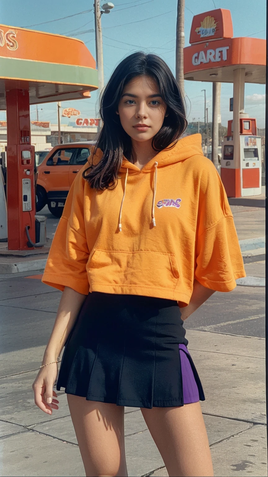 (medium shot portrait) one of cute 23 yo girl ,wear ((orange color oversized_hoodie)), wear ((purple tennis skirt)),looking front,Best Quality,Masterpiece,Ultra High Resolution,(Realisticity:1.4),Original Photo, 1Girl, light leak,ultra high resolution,UHD,beautiful, (black straight hair), almond eye, no makeup, in front of ((80's los angels colorful gas station)), (realistic:1.2), (surreal:1.3), (very detailed:1.1), ((masterpiece)),summer, blue sky, palm trees,sunny, los angles vibes,film camera, 800mm lens,style of Philip Lorca diCorcia