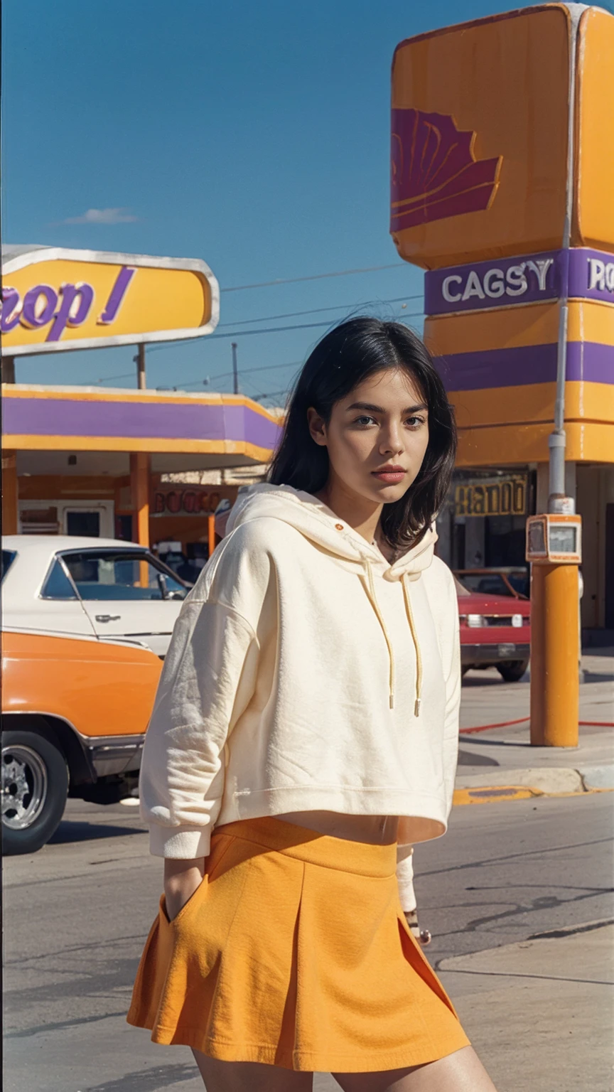 (medium shot portrait) one of cute 23 yo girl ,wear ((orange color oversized_hoodie)), wear ((purple tennis skirt)),looking front,Best Quality,Masterpiece,Ultra High Resolution,(Realisticity:1.4),Original Photo, 1Girl, light leak,ultra high resolution,UHD,beautiful, (black straight hair), almond eye, no makeup, in front of ((80's los angels colorful gas station)), (realistic:1.2), (surreal:1.3), (very detailed:1.1), ((masterpiece)),summer, blue sky, palm trees,sunny, los angles vibes,film camera, 800mm lens,style of Philip Lorca diCorcia