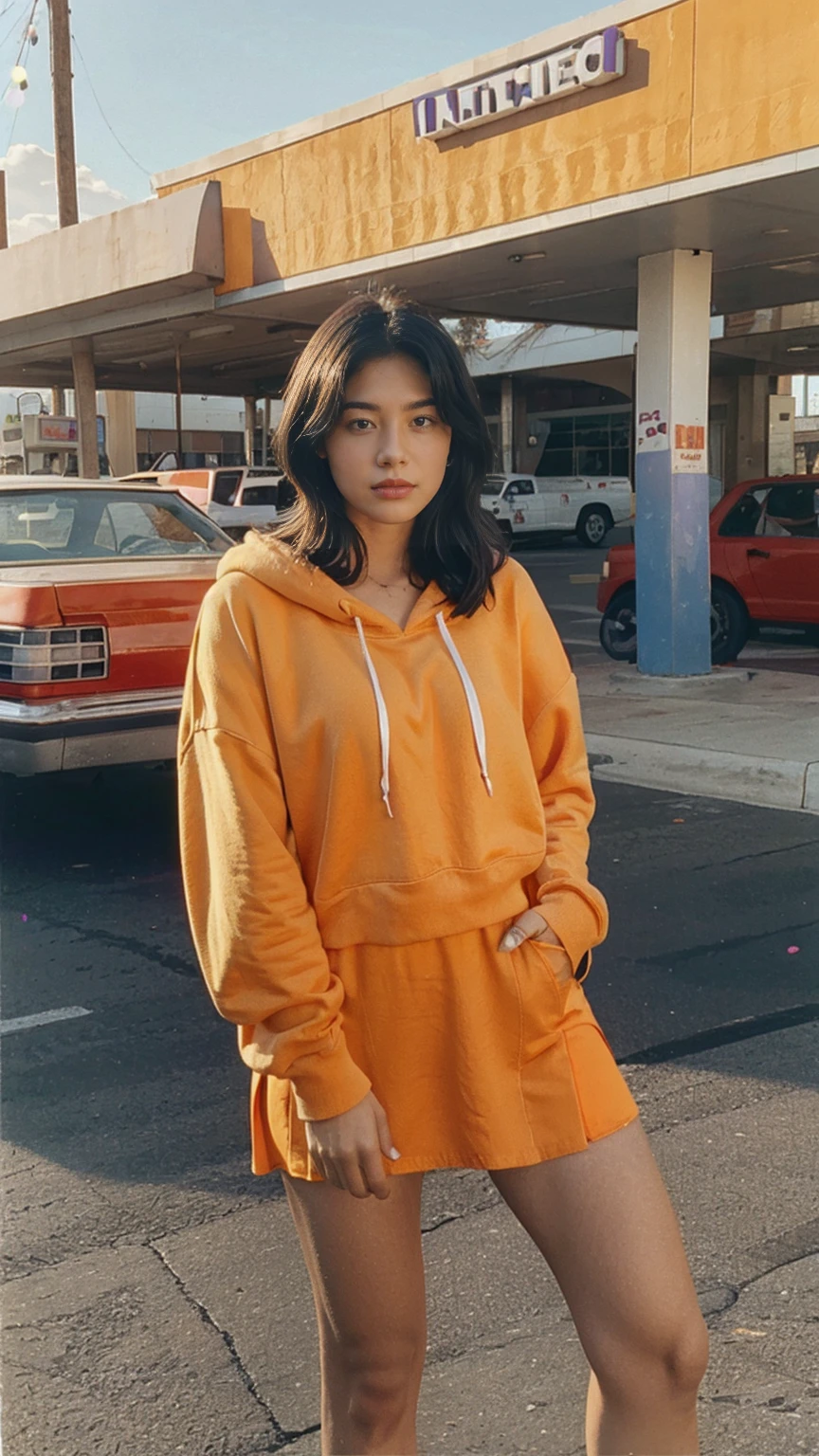 (medium shot portrait) one of cute 23 yo girl ,wear ((orange color oversized_hoodie)), wear ((purple tennis skirt)),looking front,Best Quality,Masterpiece,Ultra High Resolution,(Realisticity:1.4),Original Photo, 1Girl, light leak,ultra high resolution,UHD,beautiful, (black straight hair), almond eye, no makeup, in front of ((80's los angels colorful gas station)), (realistic:1.2), (surreal:1.3), (very detailed:1.1), ((masterpiece)),summer, blue sky, palm trees,sunny, los angles vibes,film camera, 800mm lens,style of Philip Lorca diCorcia