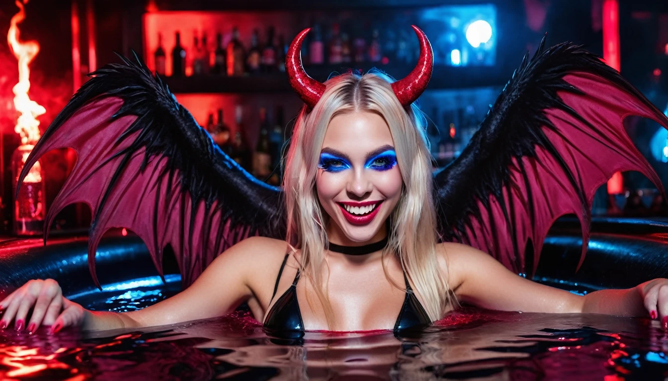 wide pov pic of a Beautiful woman with long straight blonde hair with blue and pink highlights baddie makeup and red eyes, vampire teeth,wearing a tight black bikini, red halo,big black angelic wings,wide smile grinding teeth,she is laying & chill on a demonic tube floating on a big red blood pool,holding a glass of red wine,red lasers around pool,red circulars smoke,a dj booth behind her with glowing text "Deadly sins",female devils dancing around.night party on luxurious red& black glow hotel.