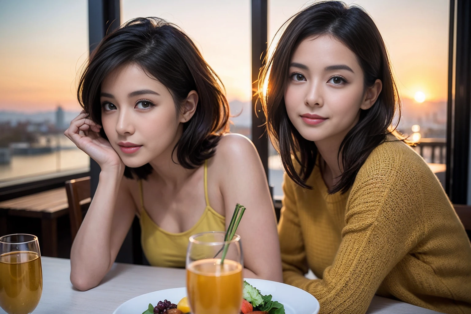 (Realistic:1.1),(masterpiece,Highest quality),8k,((2人のwoman)), (45 years old), 42 years old, Tight waist,Upper Body,full-course dinner、wine 、Amazing view of the sunset sky and clouds、Perfect Anatomy, Brown Hair, Short Hair,Random Hairstyles,((Highly detailed face and eyes:1.2))(cute顔:1.4),美しいactressの顔,Perfect golden ratio face,woman'suit、Nice,(smile:1.2)、Shortcuts、cute、slimカップル、modelカップル、actress男優、(Realistic, Intricate details:1.2), A bright smile、short hair,Bright Face、赤wine 、Appetizers、Italian food、wine bottle、Champagne、スパークリングwine、Brown Hair、Shortcuts、Long sleeve shirt、dress、(slimな顔), (The body is slim), (Brown Hair), (Shortcuts), cheeks turn a little red,restaurant, In a prominent place (From the waist up) Nova Frog Style, actress, model, Upper Body, 白wine, slim, wineグラス,
