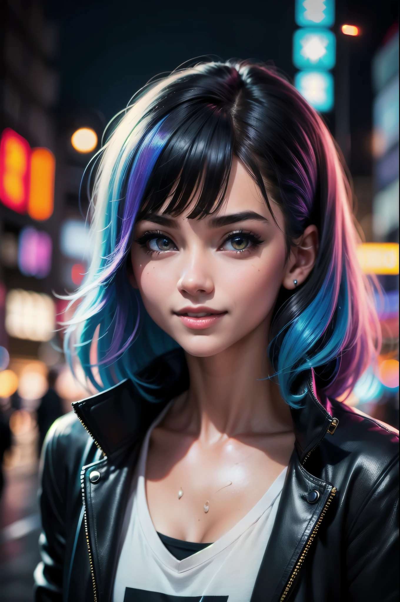masterpiece, best quality, half body, portrait, night city, 1girl, anime, 3D, Japan, pixar, realistic, teen girl, smiling, cute face, harajuku fashion style, rain coat, beautiful, colourful, neon lights, cyberpunk, smooth skin, illustration, artstation, painting by stanley artgerm lau, sideways glance, foreshortening, extremely detailed 8K, smooth, high resolution, ultra quality, highly detail eyes, highly detail mouth, highly detailed face, perfect eyes, both eyes are the same, true light, glare, Iridescent, Global illumination, real hair movement, real light, real shadow, real face, hd, 2k, 4k, 8k, 16k, realistic light, realistic shadow, bright Eyes, fluorescent eyes, soft light, dream light