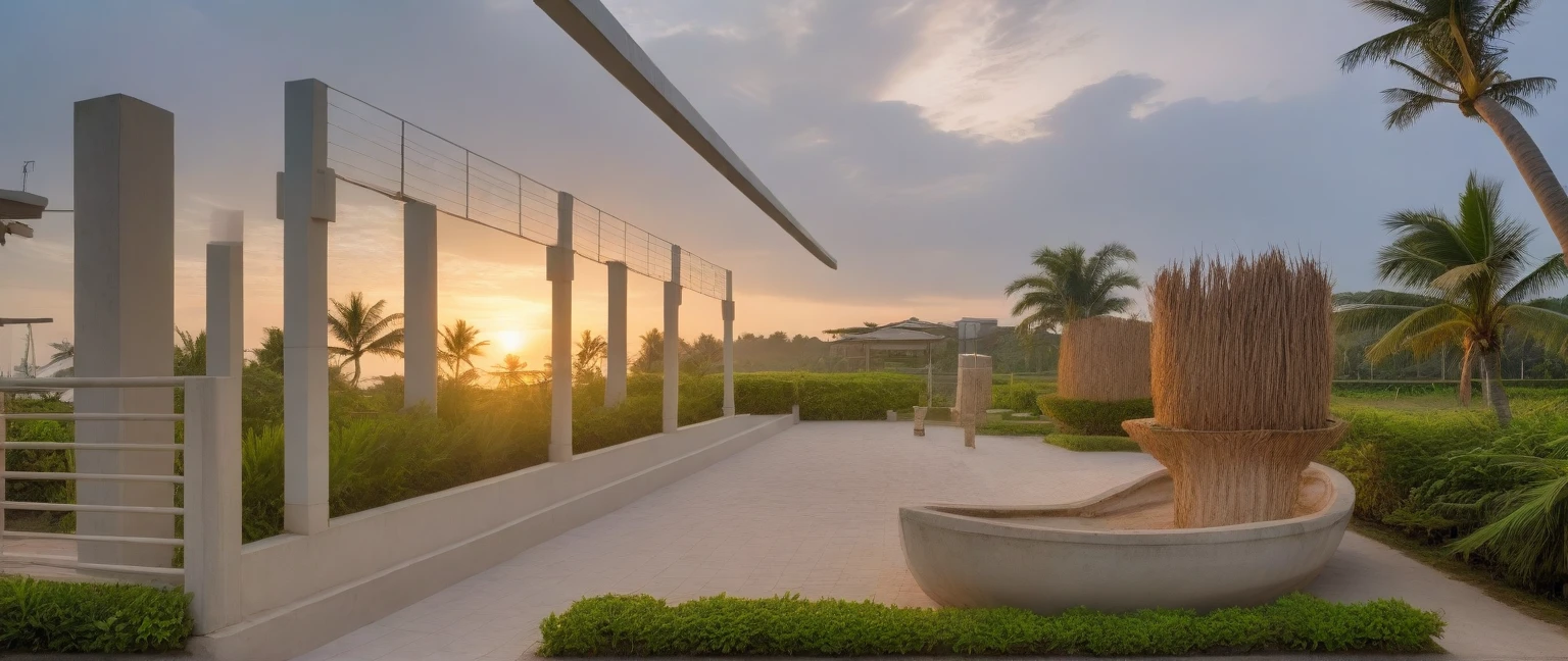 headquarter of Local caft Resort , coconut trees, greenery landscape, along the white beach, clear sky, sunrise time, warm lighting RAW Photo, RAW texture, Super Realistic, 32K UHD, DSLR, soft lighting, high quality, film rating, Fujifilm XT3 