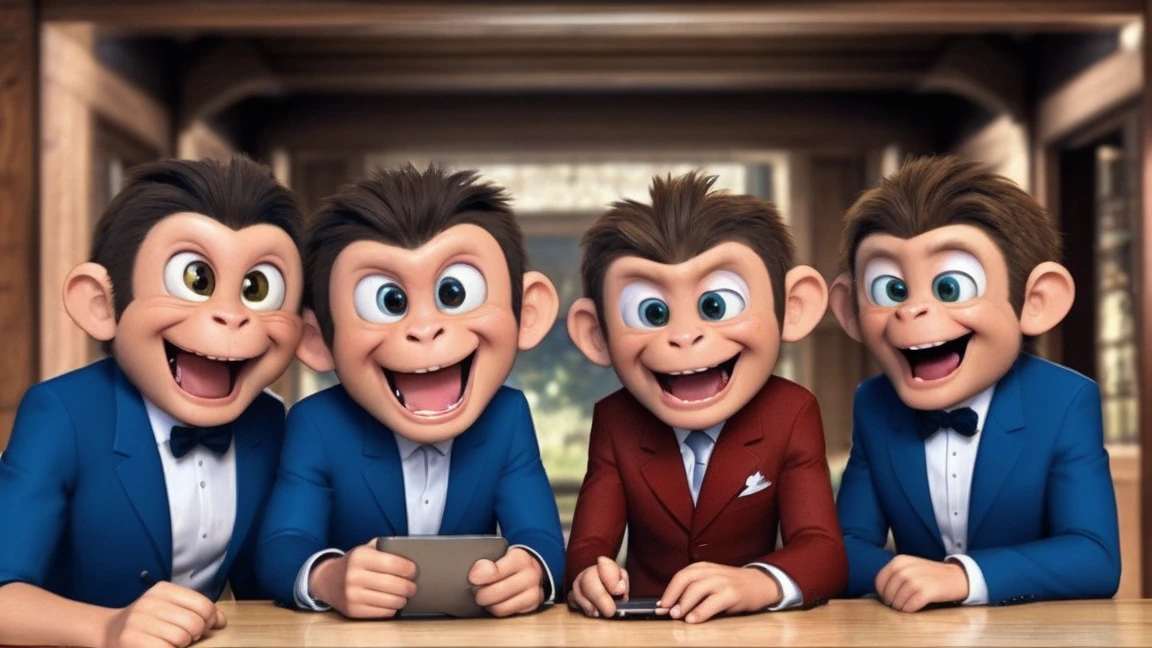 A vibrant scene of a troop of monkeys, aliens, and humans enjoying social media. A variety of emotions are expressed: some are crying, some are angry, some are making money, and some are laughing. The background is pure white.