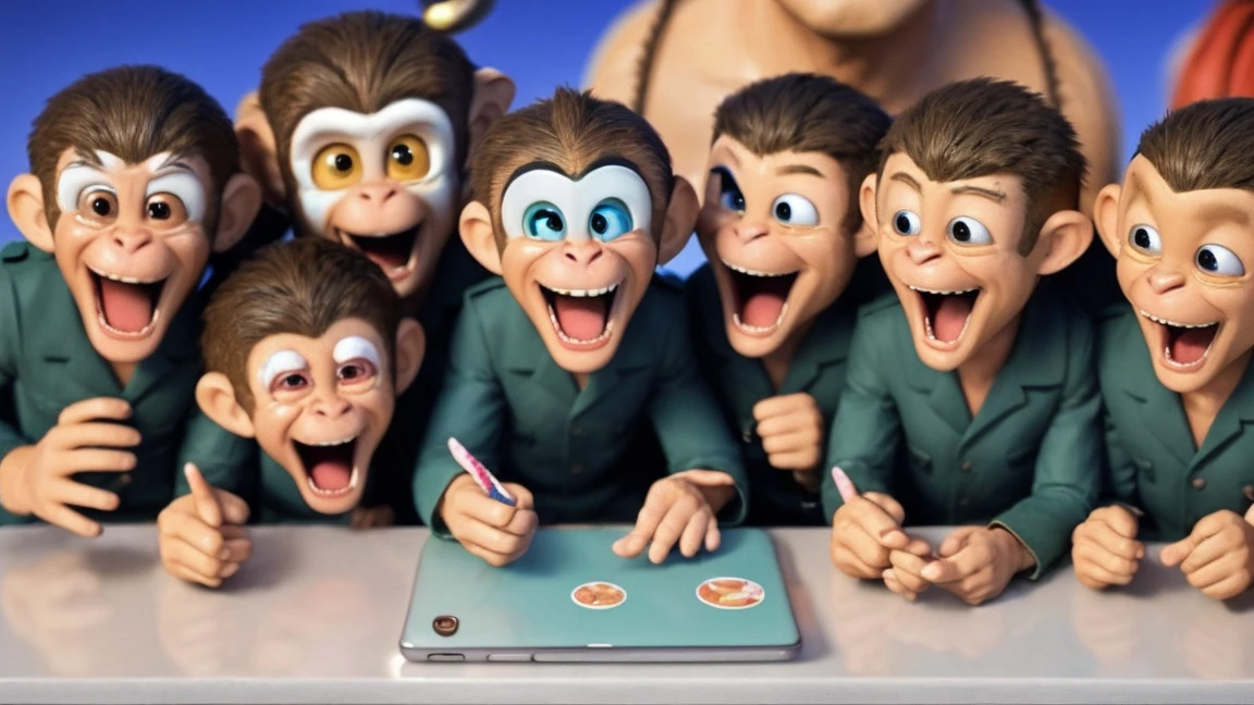 A vibrant scene of a troop of monkeys, aliens, and humans enjoying social media. A variety of emotions are expressed: some are crying, some are angry, some are making money, and some are laughing. The background is pure white.
