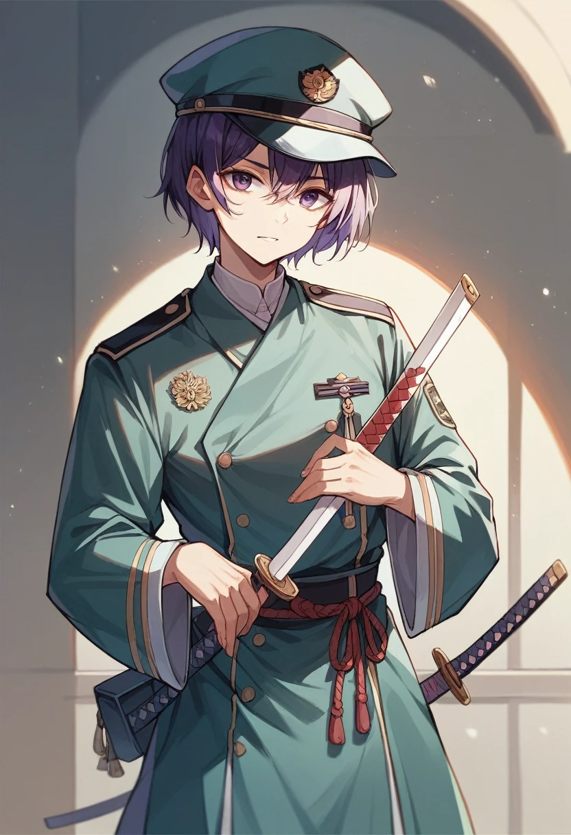 youth、Holding a Japanese sword、purple、Short Hair、uniform、Downcast、hat、cool