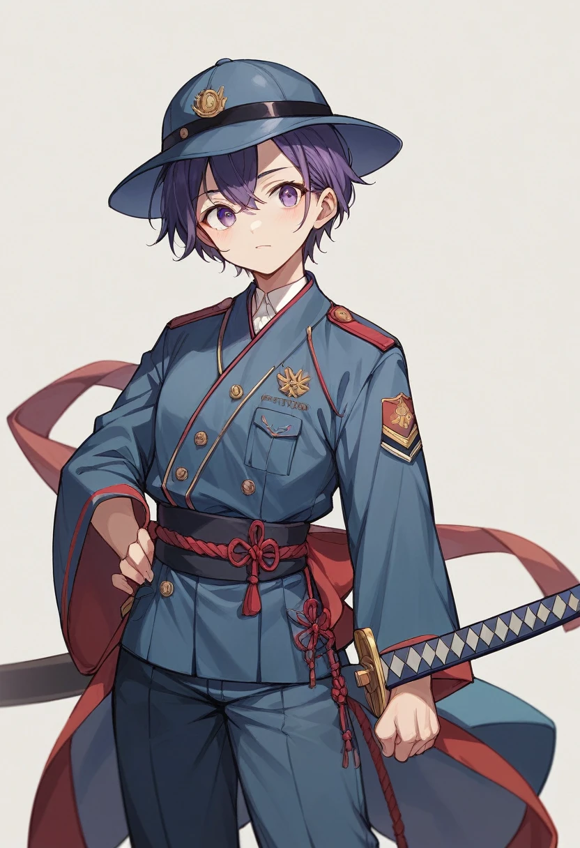 youth、Holding a Japanese sword、purple、Short Hair、uniform、Downcast、hat、cool