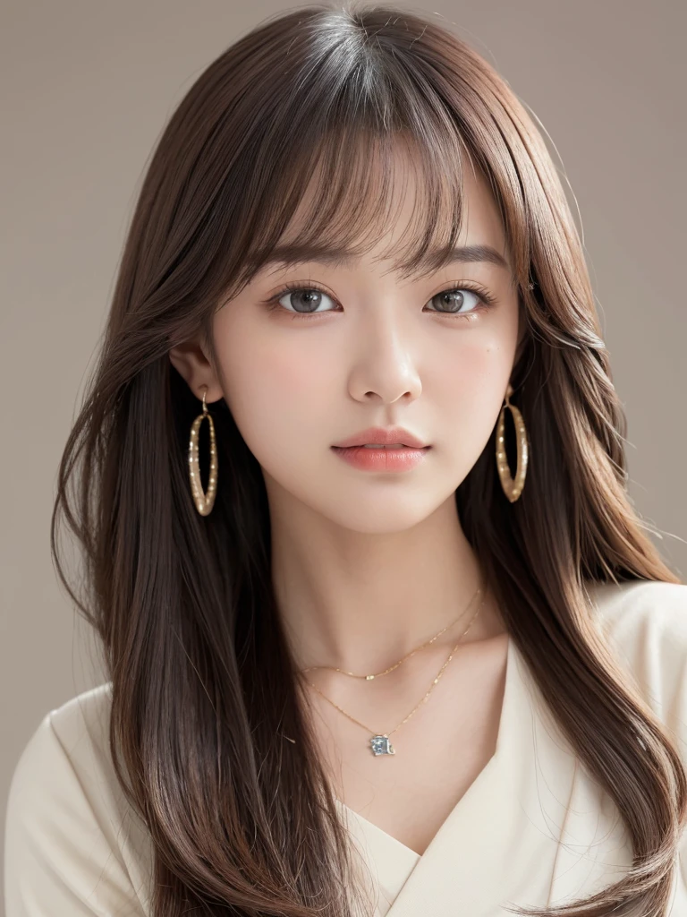 ((Highest quality, 8k, masterpiece:1.3)), concentrate: 1.2, Perfect body beauty: 1.4, Hips: 1.2, ((Long Hair, chest: 1.2)), (Dry clothes: 1.1) , (clear, Simple Background:1.3), Simple clothes: 1.1, Highly detailed face and skin texture,Delicate eyes, double eyelid, Whitened skin, Rough skin、Long Hair、Earrings with bangs、necklace、 solo、Beige coat、White shirt, (((Beautiful girl with cute Japan)))、 ((Beautiful Japanese girl 20 years old))、 ((Baby Face))、 (((Slender body)))、 Upper Body,Face focus、necklace,Simple Background,From above, Realistic Hair、 A photograph was taken:Canon EOS R6、135mm、1/1250 seconds、f2.8、ISO400、(Detailed explanation of the hand)、(Masseter muscle area)、(Exquisite CG)、Long Hair, loose and curly hair、Korean Hair、Long Hair明るいベージュ色、グラデーションハイライトグレージュのゆるふわLong Hairスタイル、