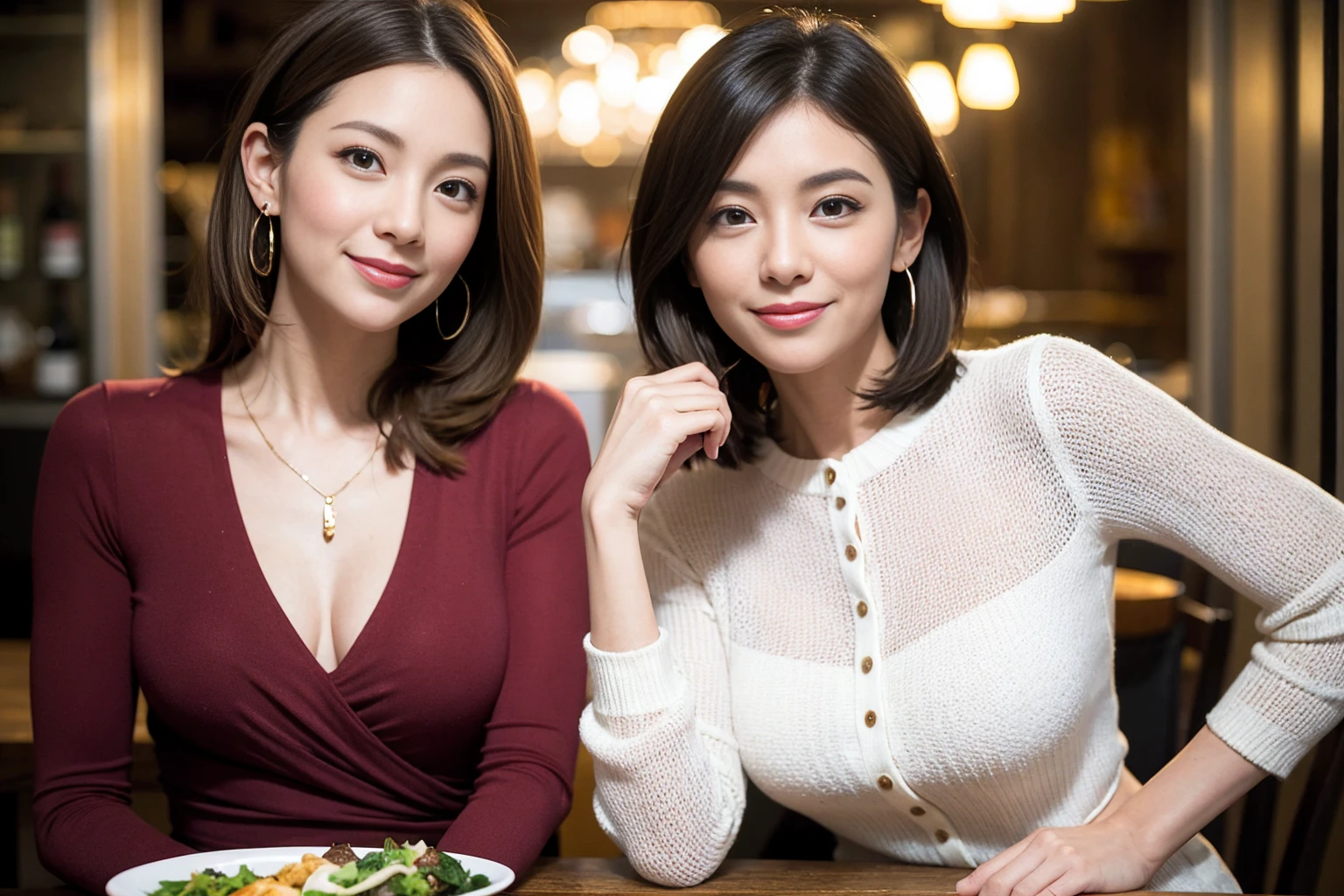 (Realistic:1.1),(masterpiece,Highest quality),8k,((Two Women)), (45 years old), 42 years old, slimカップル、modelカップル、actress男優、Tight waist,Upper Body,full-course dinner、wine 、Amazing view of the sunset sky and clouds、Perfect Anatomy, Brown Hair, Short Hair,Random Hairstyles,((Highly detailed face and eyes:1.2))(cute顔:1.4),美しいactressの顔,Perfect golden ratio face,Long sleeve shirt、dress,(smile:1.2)、Shortcuts、cute、(Realistic, Intricate details:1.2), A bright smile、short hair,Bright Face、赤wine 、Appetizers、Italian food、wine bottle、Champagne、スパークリングwine、Brown Hair、Shortcuts、(slimな顔), (The body is slim), (Brown Hair), (Shortcuts), cheeks turn a little red,restaurant, In a prominent place (From the waist up) Nova Frog Style, actress, model, Upper Body, 白wine, slim, wineグラス,
