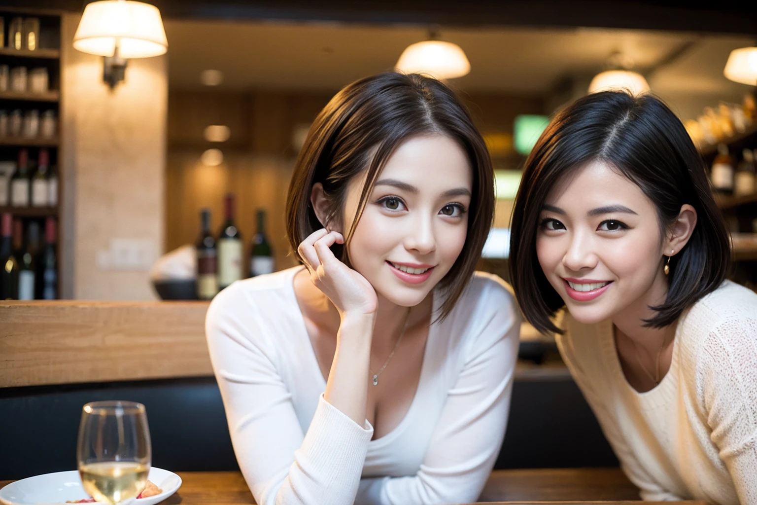 (Realistic:1.1),(masterpiece,Highest quality),8k,((Two Women)), (45 years old), 42 years old, slimカップル、modelカップル、actress男優、Tight waist,Upper Body,full-course dinner、wine 、Amazing view of the sunset sky and clouds、Perfect Anatomy, Brown Hair, Short Hair,Random Hairstyles,((Highly detailed face and eyes:1.2))(cute顔:1.4),美しいactressの顔,Perfect golden ratio face,Long sleeve shirt、dress,(smile:1.2)、Shortcuts、cute、(Realistic, Intricate details:1.2), A bright smile、short hair,Bright Face、赤wine 、Appetizers、Italian food、wine bottle、Champagne、スパークリングwine、Brown Hair、Shortcuts、(slimな顔), (The body is slim), (Brown Hair), (Shortcuts), cheeks turn a little red,restaurant, In a prominent place (From the waist up) Nova Frog Style, actress, model, Upper Body, 白wine, slim, wineグラス,