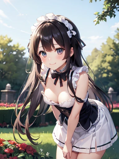 Highest quality、Leaning forward,Place your arms behind your back、 [3D Images:1.15]、garden、全体的にLong Hair、1 girl, smile, bird, Long Hair, Black Hair、breasts large enough to be torn apart,、Bright Eyes、Open the chest、goth style、Gothic Lolita Clothing、Cute skirt、skirt, white skirt、Absolute reference to the center、Leaning forward、Browsing Caution、Put your chest together