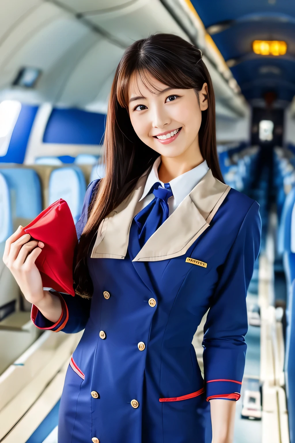 best quality, masterpiece, beautiful Japanese woman,( ((stewardess))), ((inside an airplane)), smiling, huge breasts