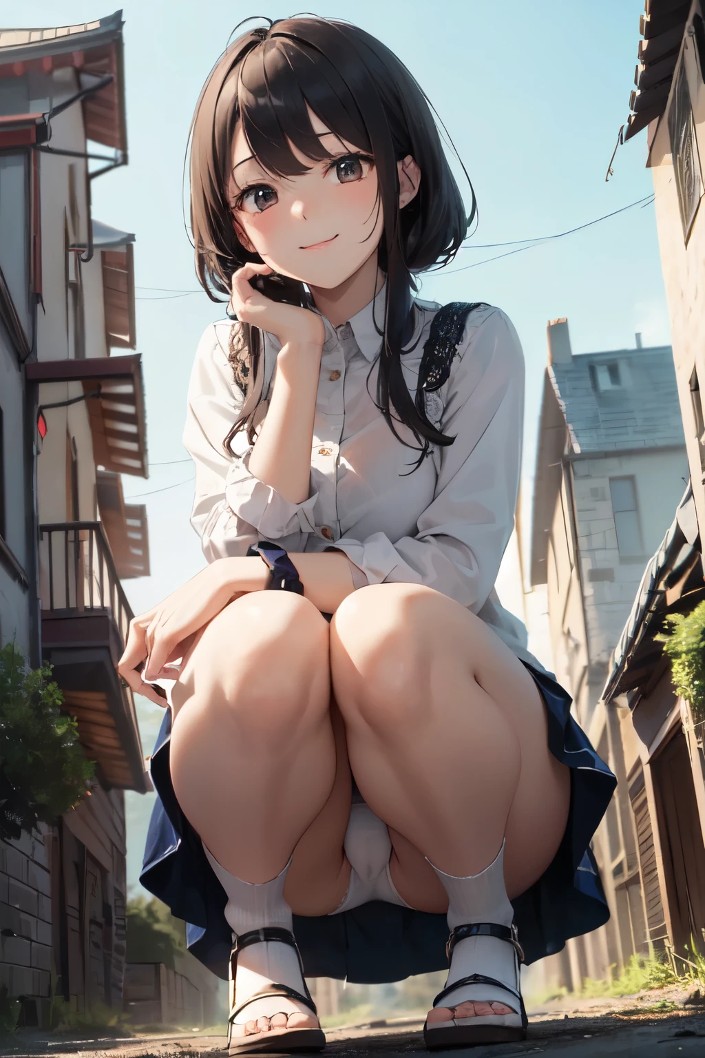 very cute and beautiful girl,(Very detailed美しい顔), (smile),blush,Black Hair,Seraphim,(White Shirt、Pleated navy blue pread your legs、Squat)、Sitting、(From below)、(Lacy white panties), Country road、Distant Tree々and the city, (Highest quality,masterpiece:1.0),Absurd,High resolution,Super detailed,Very detailed,32K,8k resolution, Intricate details,Movie Scenes,Detailed Background,alone,Dynamic Angle,