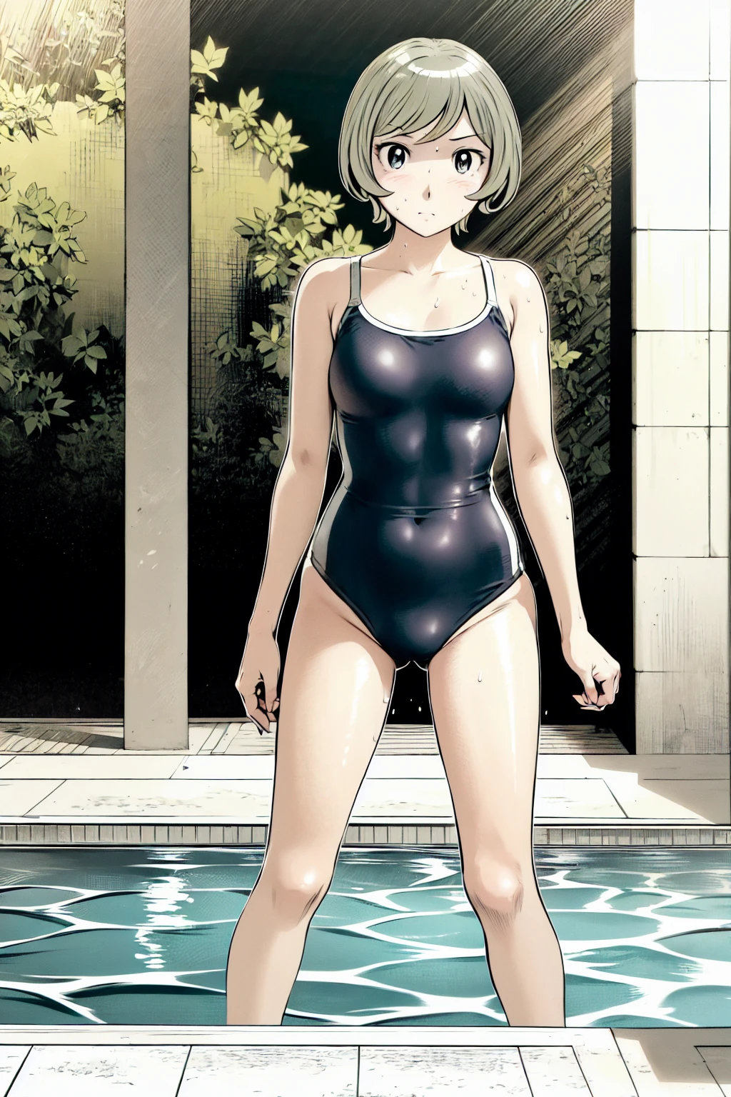 Blue school swimsuit、(masterpiece、Highest quality)、Highest quality, Ultra-high resolution, (((masterpiece))), alone, Sweat、Big eyes, Composition from the front、Shortcuts、Embarrassed face、blonde、Cut your hair short、School swimming pool、short hair、Pussy Line、Browsing Caution、Butt
