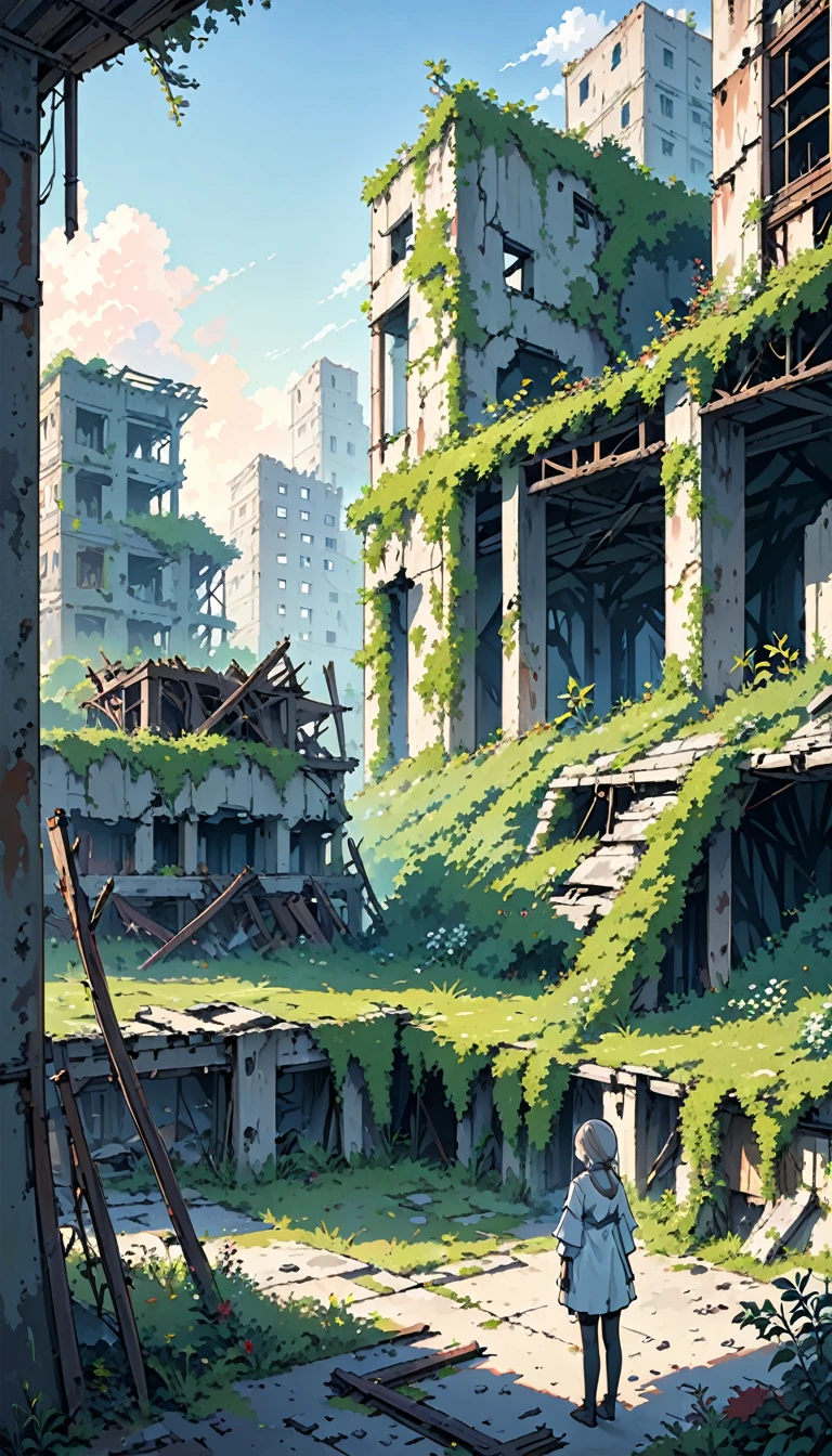 Ruined City,This place collapsed tens of thousands of years ago,Overgrown with vegetation,Collapsed buildings all around,Rusty structure,Silence,A humanoid android seen from behind(girl)Standing quietly,Lonely atmosphere,evening