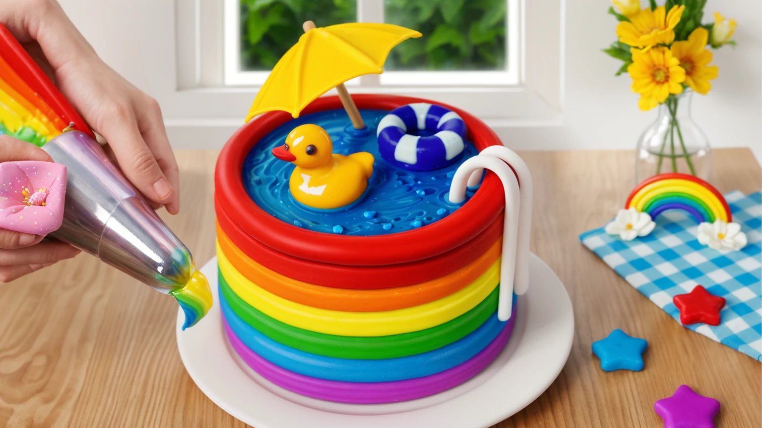 on a wooden table. there is a white plate with a rainbow cake in the form of a polymer clay pool, on the table there is a BLUE checkered tablecloth, there are STAR candies on the table next to them, ON THE TABLECLOTH IS A RAINBOW MADE OF POLYMER CLAY. against the background of the kitchen, against the background of the window,vase with Flowers, against the background of the window, bright lighting, Realistic style , realistic texture, detailed texture, a high resolution, high quality
