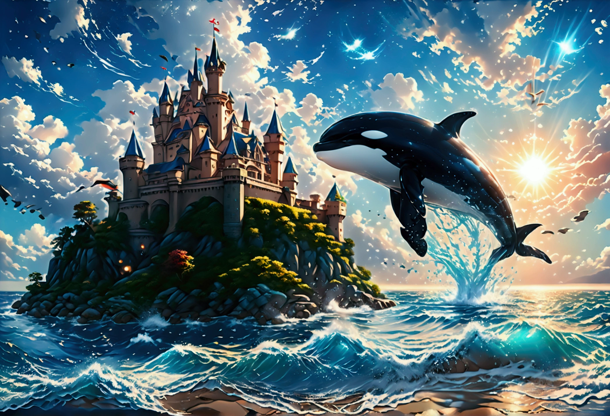 a digital paining of whale (flying over a castle: 1.3) in the middle of the sea, a giant whale an (epic killer whale: 1.3), (anatomically correct: 1.3) flying over a fantasy (castle at sea: 1.2), the castle is big with towers and turrets, its a wavy sea, its a sunny day, sun rays, Ultra-high resolution, High Contrast, (masterpiece:1.5), highest quality, Best aesthetics), 16K fantasy art, best details, best quality, highres, (ultra wide angle: 1.2), 16k, [ultra detailed], masterpiece, best quality, (extremely detailed),  magical sky, digital painting