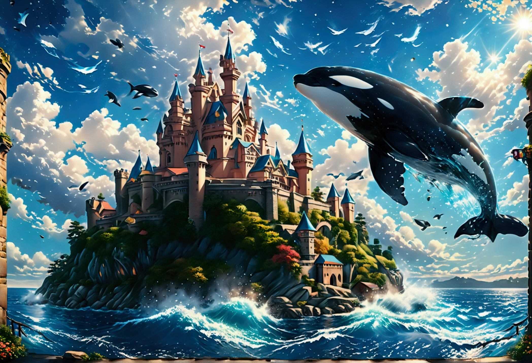 a digital paining of whale (flying over a castle: 1.3) in the middle of the sea, a giant whale an (epic killer whale: 1.3), (anatomically correct: 1.3) flying over a fantasy (castle at sea: 1.2), the castle is big with towers and turrets, its a wavy sea, its a sunny day, sun rays, Ultra-high resolution, High Contrast, (masterpiece:1.5), highest quality, Best aesthetics), 16K fantasy art, best details, best quality, highres, (ultra wide angle: 1.2), 16k, [ultra detailed], masterpiece, best quality, (extremely detailed),  magical sky, digital painting