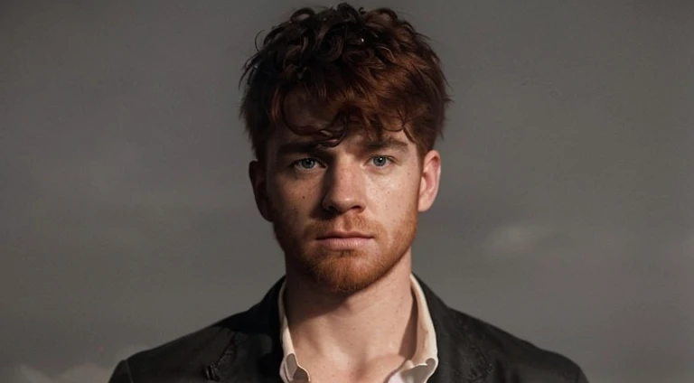 a red haired irish man, freckled face, green eyes, moody atmospheric lighting, cinematic, dramatic, hyper detailed, photorealistic, 8k, portrait, hyper realistic, unreal engine, chiaroscuro lighting, dramatic shadows, cinematic pose, strong character design, highly detailed skin, intricate hair, emotive expression