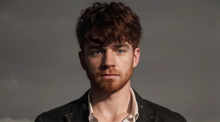 a red haired irish man, freckled face, green eyes, moody atmospheric lighting, cinematic, dramatic, hyper detailed, photorealistic, 8k, portrait, hyper realistic, unreal engine, chiaroscuro lighting, dramatic shadows, cinematic pose, strong character design, highly detailed skin, intricate hair, emotive expression
