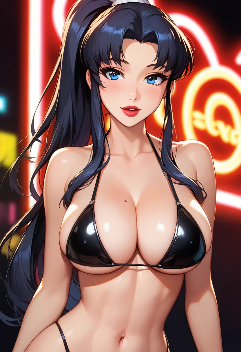 score_9, score_8_up, score_7_up, score_6_up, score_5_up, score_4_up, 1girl, Misato Katsuragi BREAK upper body, view from front, facing viewer, closeup of face, seductive look BREAK (wearing black micro bikini), (long black hair), ponytail, bright detailed blue eyes, (big eyes, well opened eyes), (large breasts), cleavage, arched back, standing, tiny waist, (flat stomach), athletic BREAK neo tokyo well lit highrise building, filled with neon signs, well lit by red neon lights, translucid, fine red lips, pinup pose BREAK official art, masterpiece
