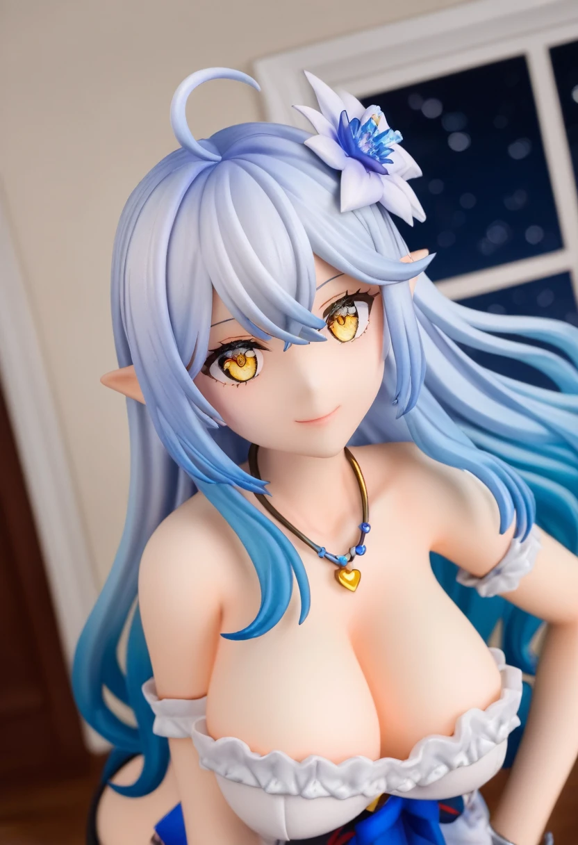 modelshoot style, (masterpiece:1.3), (absurdres:1.3), (best quality:1.3), (ultra-detailed:1.3),(best shadow:0.7), (handled hair), pureerosface_v1, perfect ???????, 1girl, solo, large breasts, cleavage, virtual youtuber, yukihana lamy, light blue hair, hair between eyes, yellow eyes, pointy ears, long hair, heart ahoge, hair flower, gradient hair, gradient eyes, sleeveless, strapless dress, strapless, bare shoulders, cleavage, large breasts, sightly smile, pov, facing viewer, look at viewer, from above, close-up, leaning forward viewer, night sky, indoors, jewelry, necklace,