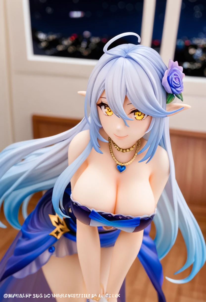 modelshoot style, (masterpiece:1.3), (absurdres:1.3), (best quality:1.3), (ultra-detailed:1.3),(best shadow:0.7), (handled hair), pureerosface_v1, perfect anatomy, 1girl, solo,  large breasts, cleavage, virtual youtuber, yukihana lamy, light blue hair, hair between eyes, yellow eyes, pointy ears, long hair, heart ahoge, hair flower, gradient hair, gradient eyes, sleeveless, strapless dress, strapless, bare shoulders, cleavage, large breasts, sightly smile, pov, facing viewer, look at viewer, from above, close-up, leaning forward viewer, night sky, indoors, jewelry, necklace,