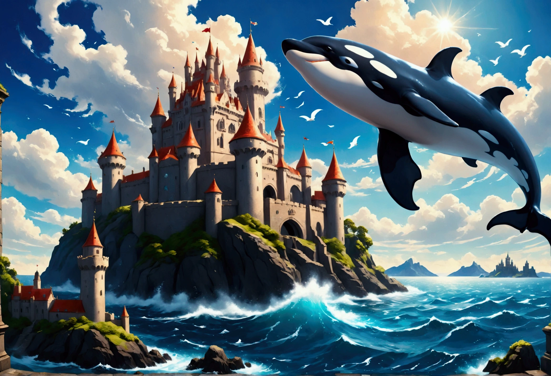 a digital paining of whale (flying over a castle: 1.3) in the middle of the sea, a giant whale an (epic killer whale: 1.3), (anatomically correct: 1.3) flying over a fantasy (castle at sea: 1.2), the castle is big with towers and turrets, its a wavy sea, its a sunny day, sun rays, Ultra-high resolution, High Contrast, (masterpiece:1.5), highest quality, Best aesthetics), 16K fantasy art, best details, best quality, highres, (ultra wide angle: 1.2), 16k, [ultra detailed], masterpiece, best quality, (extremely detailed),  magical sky, digital painting