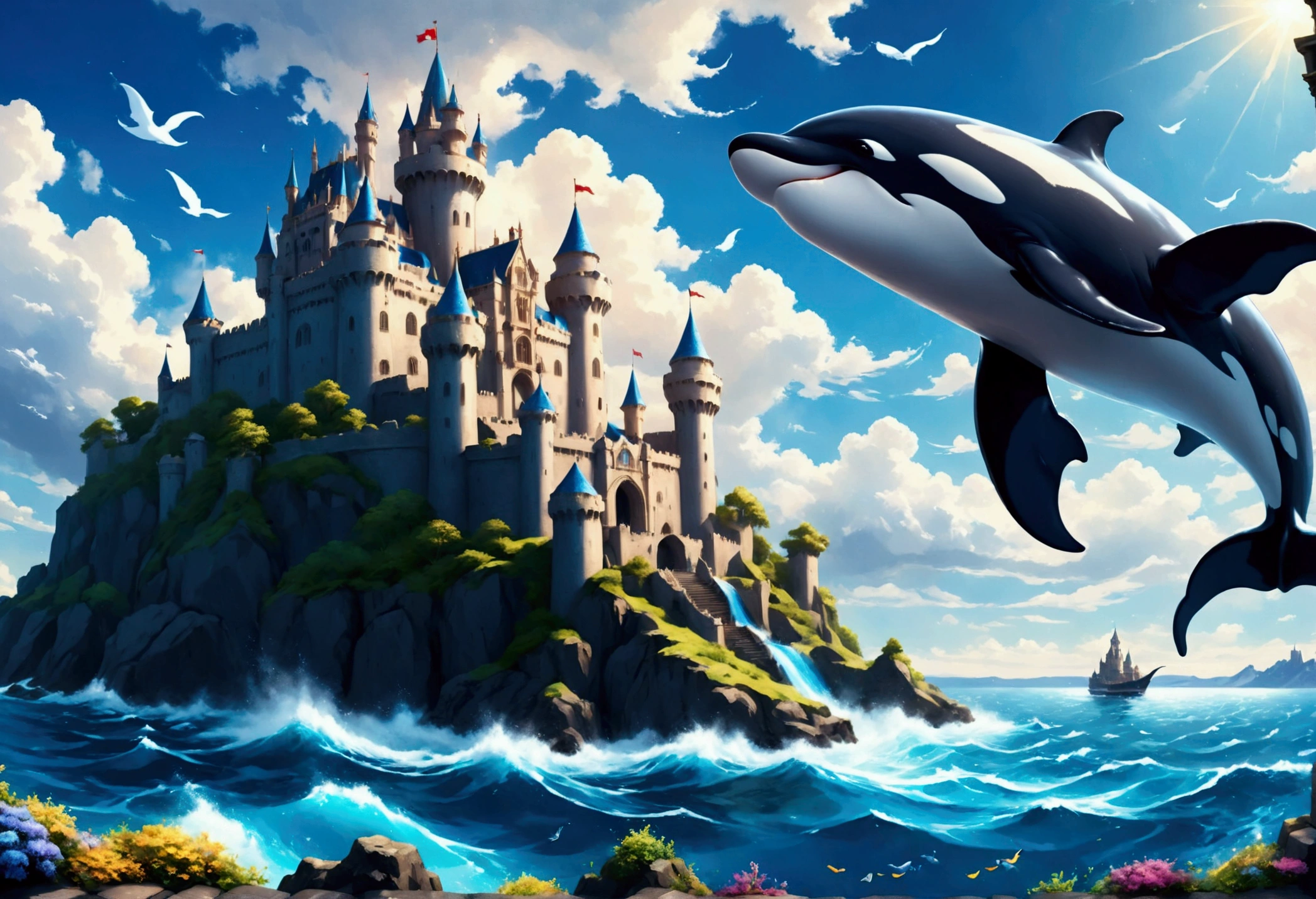 a digital paining of whale (flying over a castle: 1.3) in the middle of the sea, a giant whale an (epic killer whale: 1.3), (anatomically correct: 1.3) flying over a fantasy (castle at sea: 1.2), the castle is big with towers and turrets, its a wavy sea, its a sunny day, sun rays, Ultra-high resolution, High Contrast, (masterpiece:1.5), highest quality, Best aesthetics), 16K fantasy art, best details, best quality, highres, (ultra wide angle: 1.2), 16k, [ultra detailed], masterpiece, best quality, (extremely detailed),  magical sky, digital painting