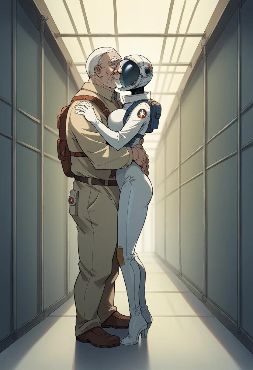 Masterpiece, best quality, Masterpiece, best quality, 1 woman, astronaut suit , wear a hat , big breasts , abdomen , Long legs , Put your hands on your hips... , shoe , 1 man , old man , Dry skin , Waist hug , molest , full body , abandoned factory , at night