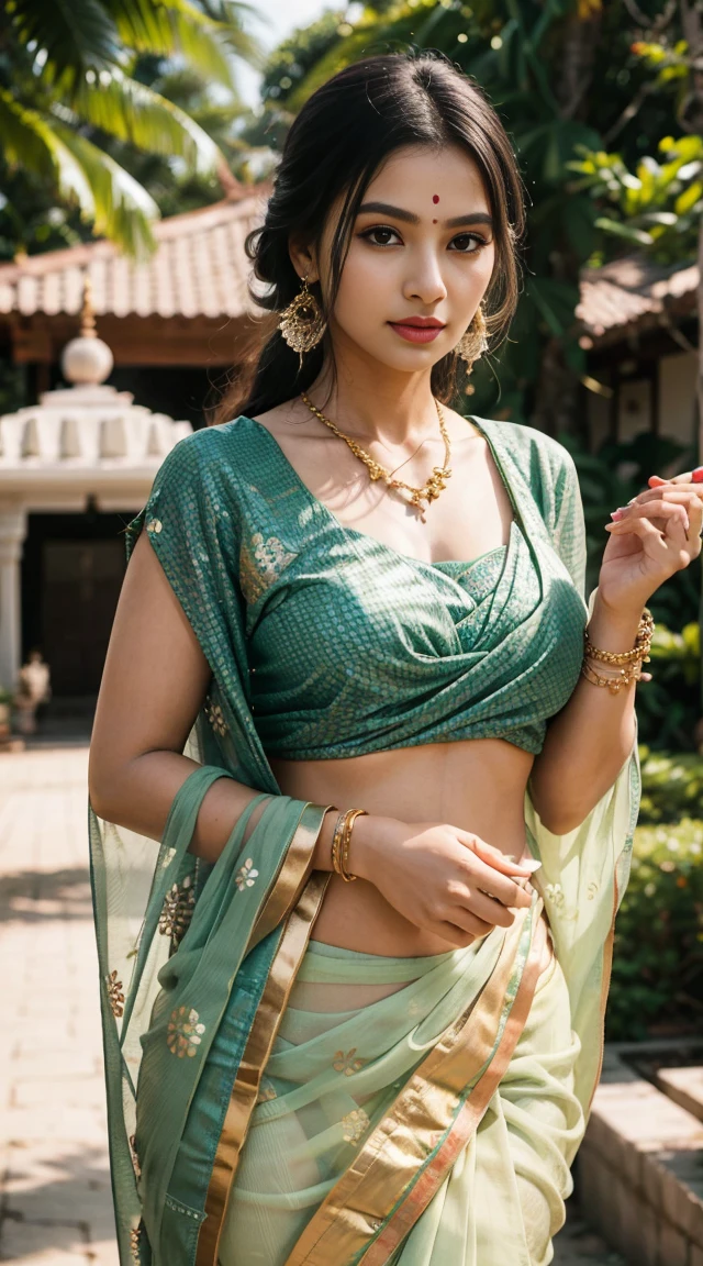 wear green designer printed Saree and blouse, a bindi on the center of the forehead, green saree and green blouse, full body covered in clothes, Indian temples in background, flower basket, very well dressed, going to temple for prayers, golden heavy jewellery, very beautiful 25 year old indian girl, full body photo, mehendi in hands, random hair style, holding Puja plate with Puja items for lord Shiva, lord Shiva temple in background, jewelry, gem, necklace, necklace set, tika, vermilion, nathiya, ear rings, mangalsutra, golden haar, gold bracelet, anklets, thick lips, holding flower basket for Puja in hand, skindentation, parted lips, full body photo from front, beautiful face, beautiful body, (detailed eyes), ulzzang-6500-v1.1, thick eyelashes, long eyelashes, random hair style, broad light, backlighting, bloom, light sparkles, chromatic aberration, sharp focus, Nikon Z 85mm, unparalleled masterpiece, ultra-realistic 8k photos, best quality masterpiece, best quality, (photorealistic:1.2),  (realistic:1.5), (hyperrealistic:1.2),(photorealistic face:1.2)