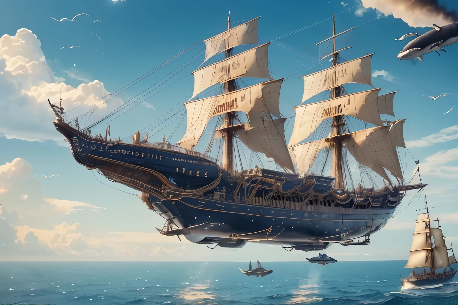 (Realistic whale flying in the sky、Equipped with anti-gravity device:1.2)、(Steampunk steam ship flying in the sky:1.2)、(A whale and a sailing ship fly side by side in the sky:1.2)、Fantastic World、(Steampunk World)、Steampunk design、Detailed steampunk illustration、delicate and dynamic、