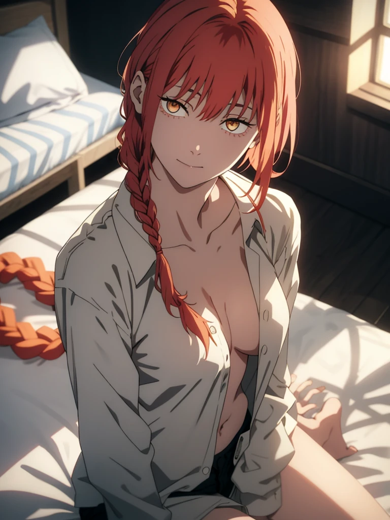 hand \(Chainsaw Man\),, One Girl, only, sit, Redhead, Long braided hair, Golden Eyes,(( show off breast )), Mid-chest, full open white shirt, perfect navel, Perfect collarbone, （White panties:1.5）, (just:1.2), look up , (close:1.3), , Upper Body, Highest quality, Glowing Skin, Highest quality, High resolution, , bed