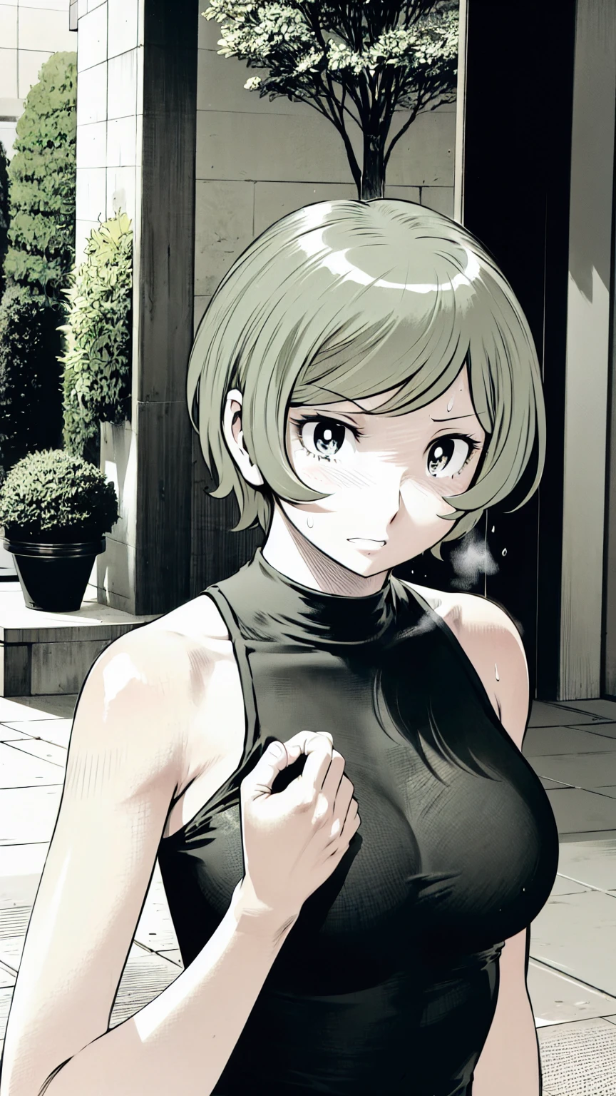 、(masterpiece、Highest quality)、Highest quality, Ultra-high resolution, (((masterpiece))), alone, Sweat、Big eyes, Sleeveless、Outdoor、Floral Dress、Composition from the front、(後ろCut your hair short、short hair、blonde、woman)、Shortcuts、Embarrassed face、Cut your hair short、可愛いwomanの子、Big Breasts、Browsing Caution