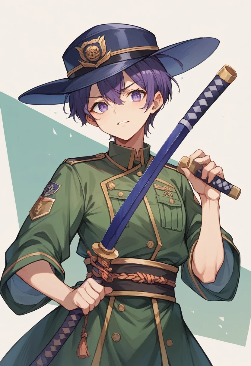 youth、Holding a Japanese sword、purple、Short Hair、uniform、Downcast、hat、cool