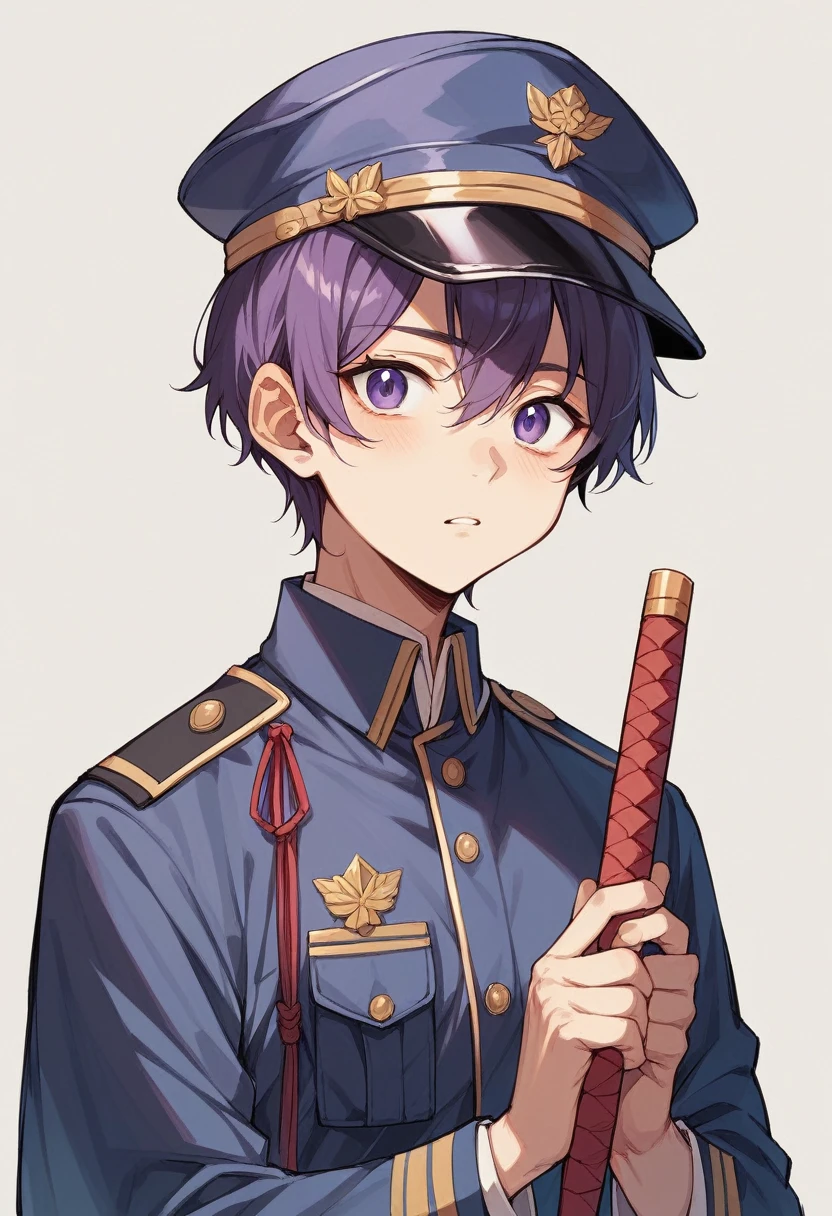 youth、Holding a Japanese sword、purple、Short Hair、uniform、Downcast、hat、cool