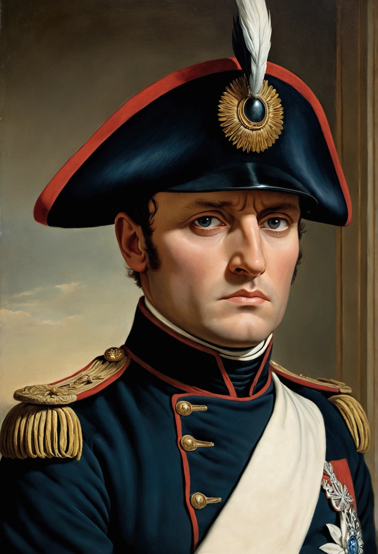 “A classic portrait of Napoleon Bonaparte in his military uniform, with a serious and determined expression. Background: plain and elegant, typical of 19th-century portraiture.”