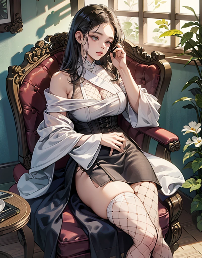 thick thighs,fleshy thighs,revealing her thighs,big natural breasts,huge round breasts,supermodel figure,perfect body,In the soft glow of the afternoon, inside a carriage compartment, an sleeping old woman sits with a dignified poise in an old armchair. The background is a blur of blooming flowers seen through the window, as if nature itself is trying to peek into her private world. Dressed in a luxurious silk robe that flows elegantly around her, its smooth texture contrasts with the lines etched by time on her skin. Her hair, now a pure white, is neatly combed, framing her weathered face, where every wrinkle tells a story of years lived fully. Despite the signs of age, there is a quiet dignity and a sense of peace about her, as if she has embraced the beauty of her twilight years. wearing black pantyhose and garter stockings and fishnet pantyhose