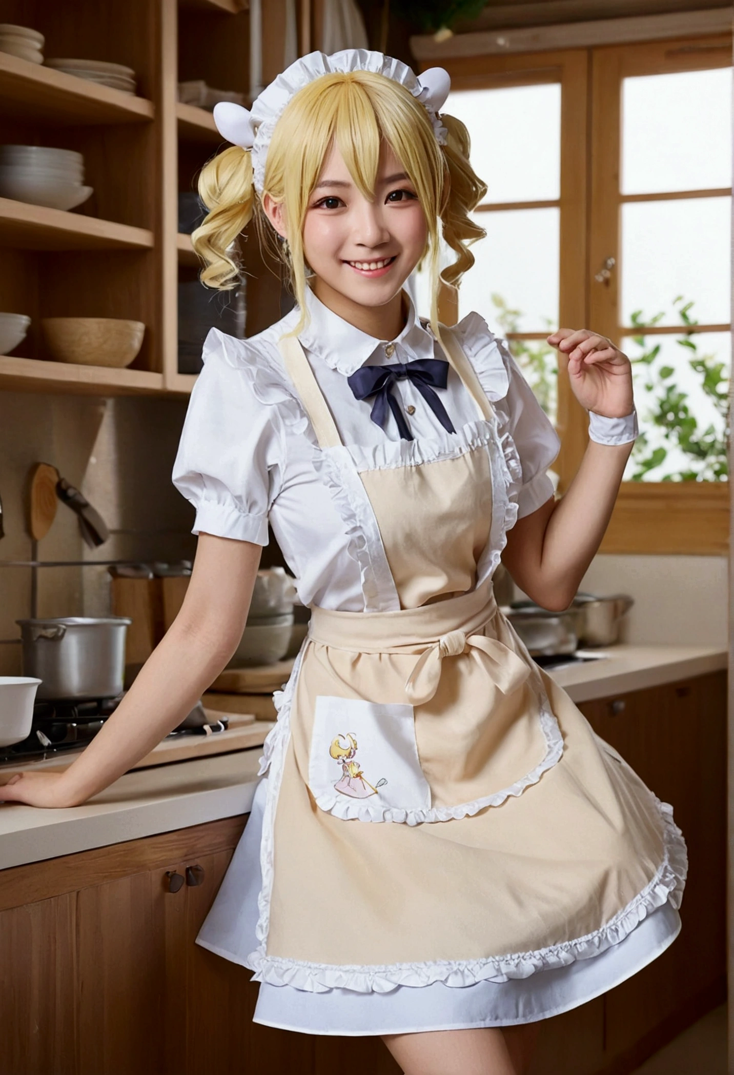 1 girl、As an adult、smile、shirt、skirt、apron、hair ornaments、Cream colored hair、Fairy、Maid、Maidコスチューム、(Small breasts)、Wind、Squat、