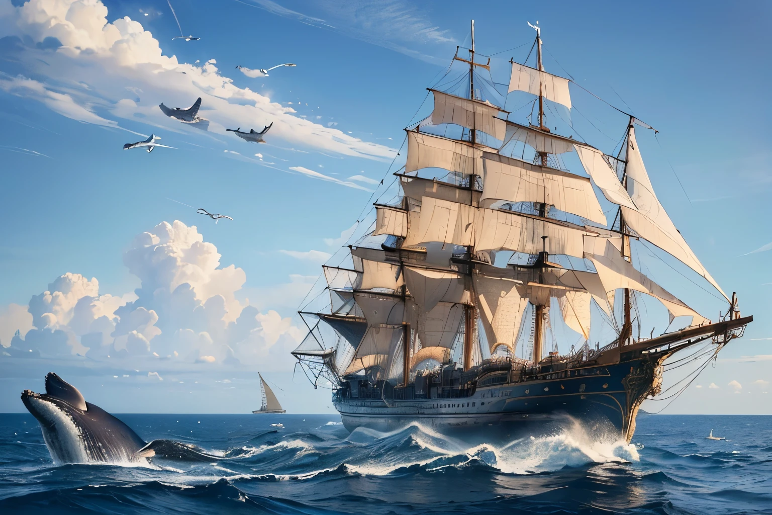 (Realistic whale flying in the sky、Equipped with anti-gravity device:1.2)、(Steampunk steam ship flying in the sky:1.2)、(A whale and a sailing ship fly side by side in the sky:1.2)、Fantastic World、(Steampunk World)、Steampunk design、Detailed steampunk illustration、delicate and dynamic、