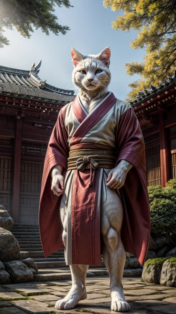 (((8k))), (((High resolution))),((Highest quality)),A white cat wearing a kimono,muscle,Bipedal,upright,Short,3 heads,Serious face,samurai,Holding a long sword with both hands,Shrine garden,SakuraFubuki,Ultra-realistic,8k,Ultra-fine,Super detailed,battle mode, yellow aura swirling around the body,fog,mystic atmosphere