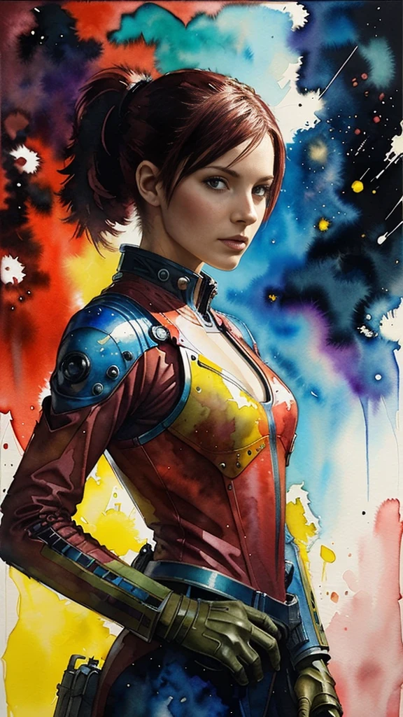 (masterpiece, top quality, Best quality, extremely detailed, as detailed as possible, Official art, beautiful and aesthetically pleasing:1.2), Colorful, Beautiful face, One, perfect body, 1 girl, in space, short red hair, ponytail (hairstyle), green eyes, a space ship, Green space suit, Sun rays, (Science fiction:1.2), porthole, illuminator, stars, high contrast, Explosions, overexposure, Impression of purple and red tones , abstract, ((watercolor painting by John Berkey and Jeremy Mann )), negative space, looking at the camera, looking at the viewer