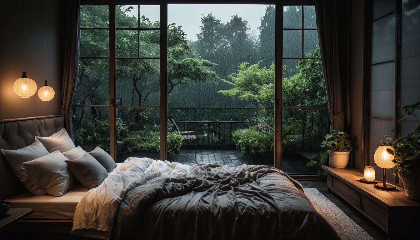 The picture shows a cozy gloomy bedroom, with a large window offering a view of a beautiful, dimly lit garden AND a garden soaked in FLOWERS, the cobblestones of the Japanese house concept. CINEMATIC, JAPANESE HOUSE, the shape of a Japanese house, and lots of flower gardens in the garden. The bed was unmade with rumpled sheets, indicating only a light sleep. the room is dark, gloomy, looks dim, gloomy. Beside the bed there is a small table with a classic lamp that radiates warm light into the room. Outside the window you can see the lush greenery of the terrace or balcony area, the rain is falling, the lamp on the left provides warm lighting, creating a calm and peaceful atmosphere. with fog obscuring part of the view in the distance. The contrast between the warmth indoors and the rain outdoors creates an inviting and calming atmosphere