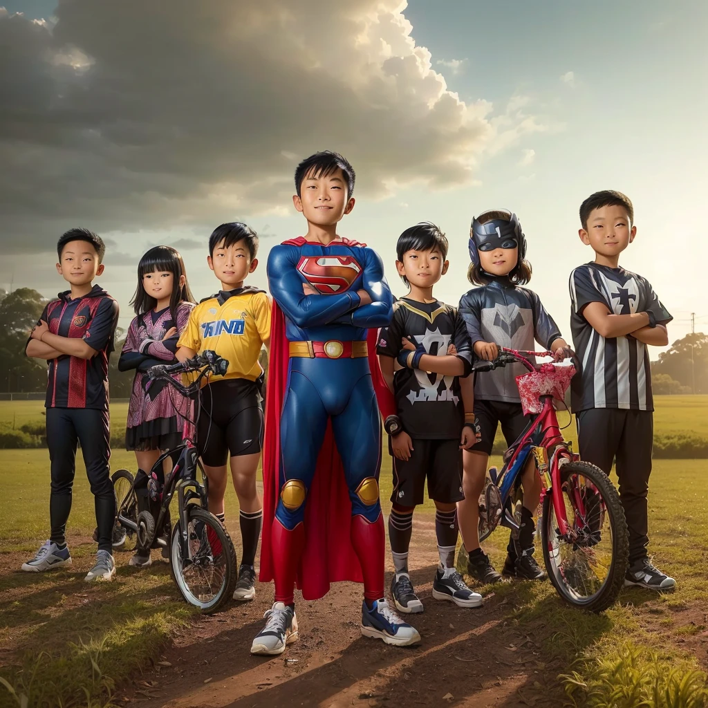 arafed image of a group of children posing for a picture, inspired by Rudy Siswanto, superhero, shot on canon eos r5, shot on canon eos r 5, superhero portrait, super heroes, wide angle portrait of astroboy, by Rudy Siswanto, super hero, action sports photography, sports photography, portrait shot, sport photography, advertising photography, smile