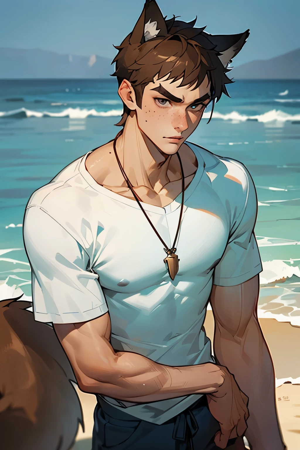 young male scars on face along with slight stubble on his chin. white tshirt and grey sweats, silver necklace along his neck. tall, strong build, dark eyebrows, dark blue ocean colored eyes. full lips, freckles all over cheeks and shoulders. brown short hair, brown wolf ears, brown wolf tail