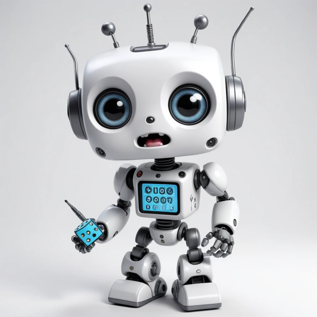 「Lost in the digital world」、A cartoon-style robot with a dice motif,A cute robot、Big eyes,antenna,Electronic display panel on chest、Holding the microphone close to his mouth while speaking、whole body、Background is white、Open your mouth wide