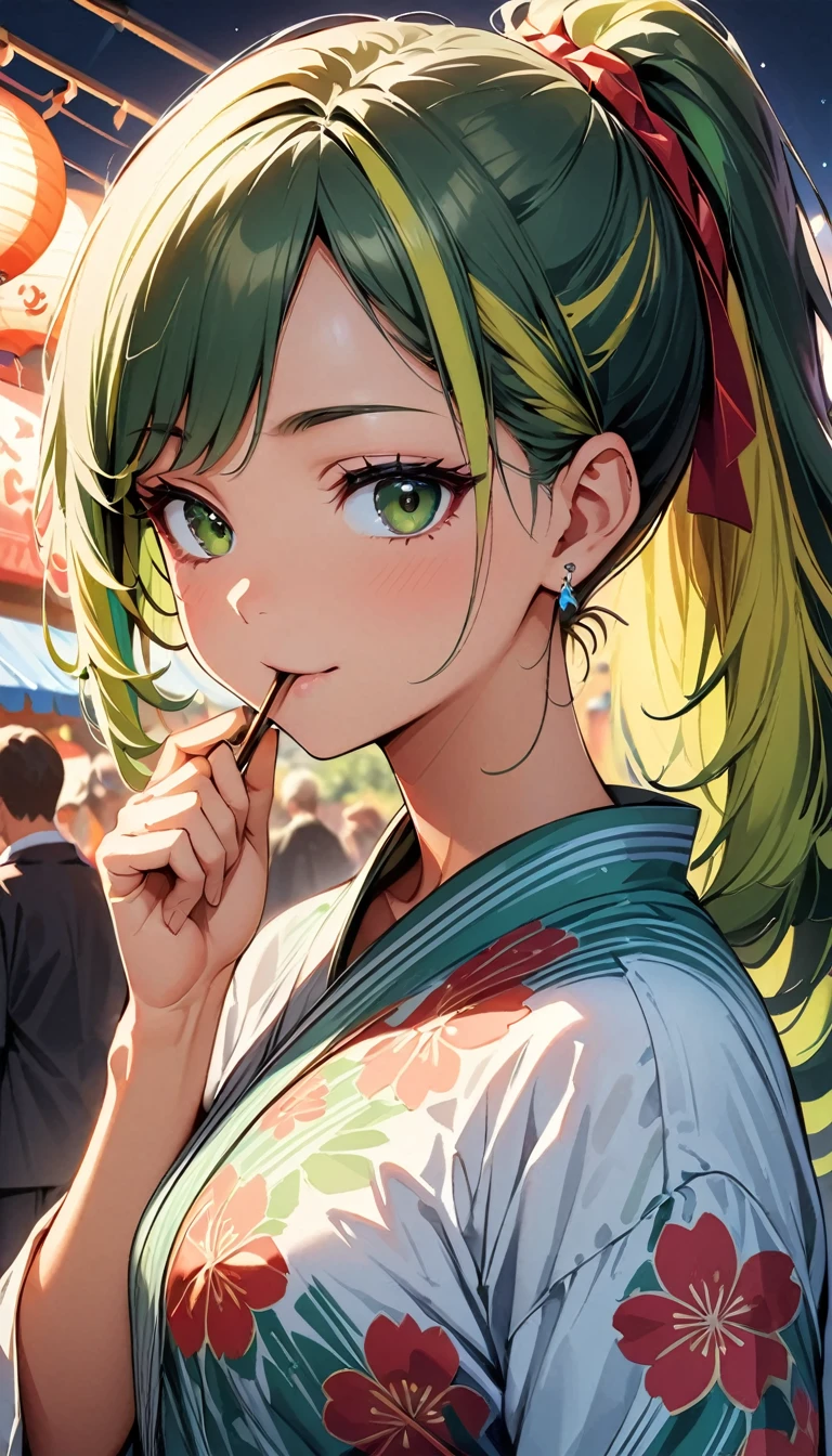 (highest quality:1.2, Very detailed, up to date, Vibrant, Ultra-high resolution, High Contrast, masterpiece:1.2, highest quality, Best aesthetics), Portraiture、girl、((25 years old:1.5)), (slim:1), 25 years old, (japanese traditional yukata), floral pattern yukata, eating stick candy, summer festival, bon dancee, Bright colors、Beautiful fine details、Beautiful lip detail、long hair、ponytail, white and yellow green ((streaked hair:1.6)), highlights hair: 1.5, (small breast,:1) (tan skin:1.1), cowboy shot,